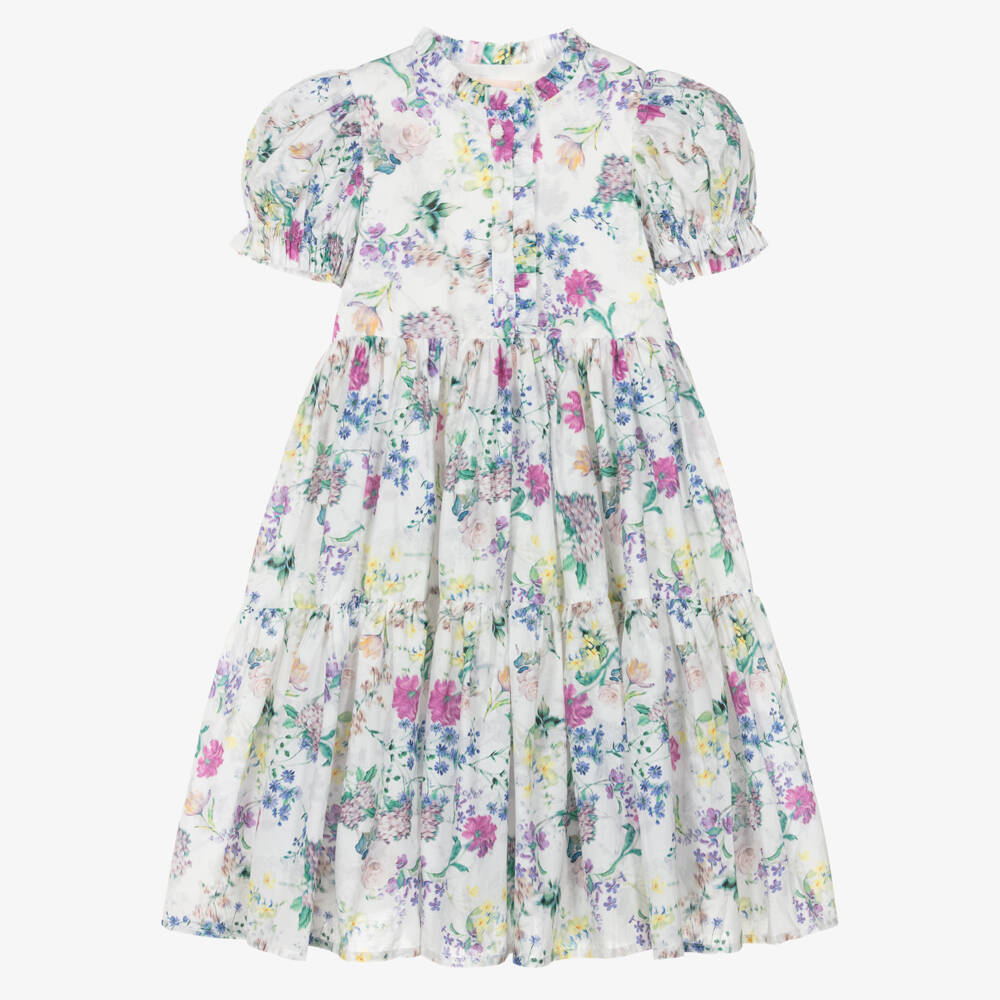 Petite Amalie-Girls White Floral Print Cotton Dress  | Childrensalon