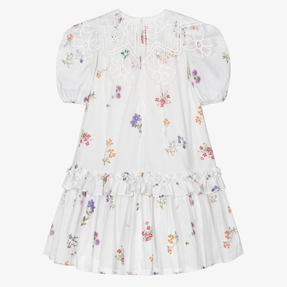 Petite Amalie-Girls White Floral Print Cotton Dress with Lace Collar | Childrensalon