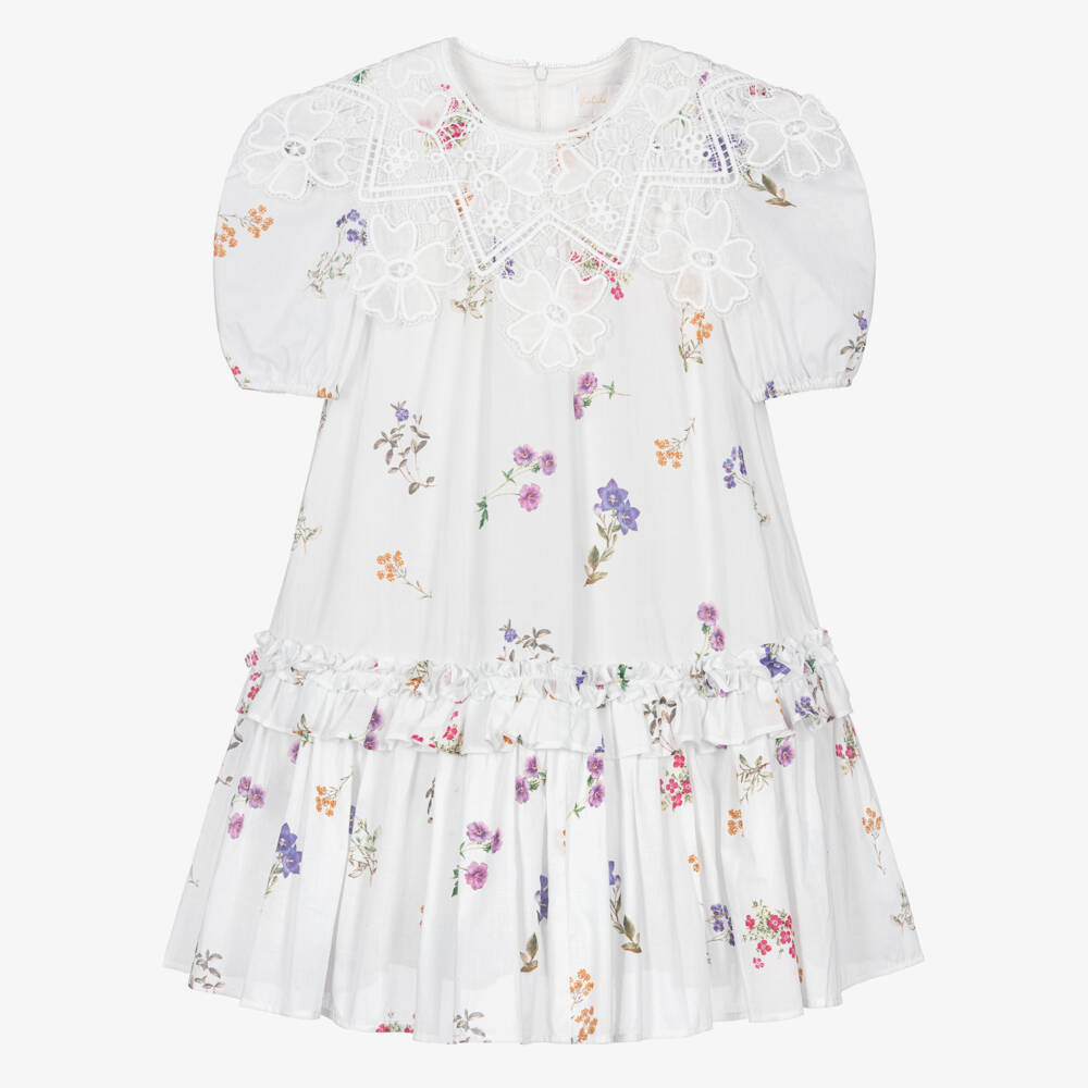 Petite Amalie-Girls White Floral Print Cotton Dress with Lace Collar | Childrensalon