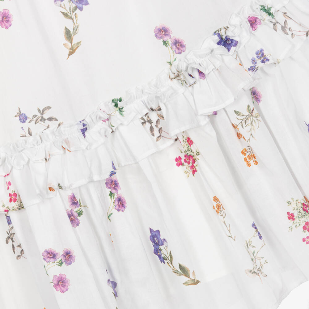 Petite Amalie-Girls White Floral Print Cotton Dress with Lace Collar | Childrensalon
