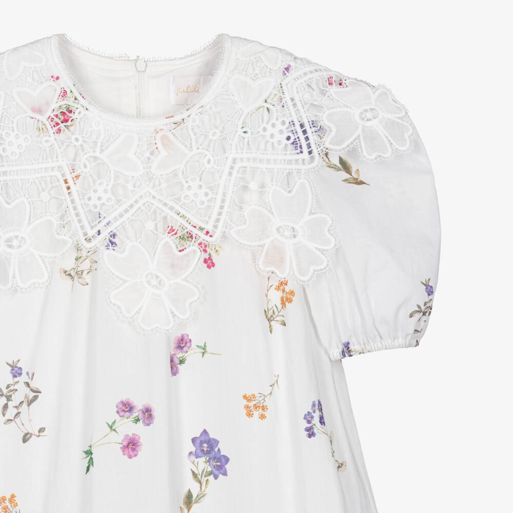 Petite Amalie-Girls White Floral Print Cotton Dress with Lace Collar | Childrensalon