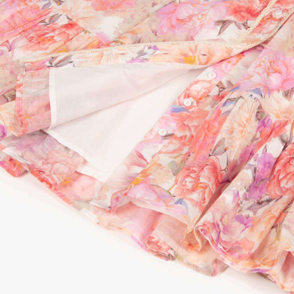 Petite Amalie-Girls Pink Cotton Floral Print Dress with Bubble Sleeves | Childrensalon