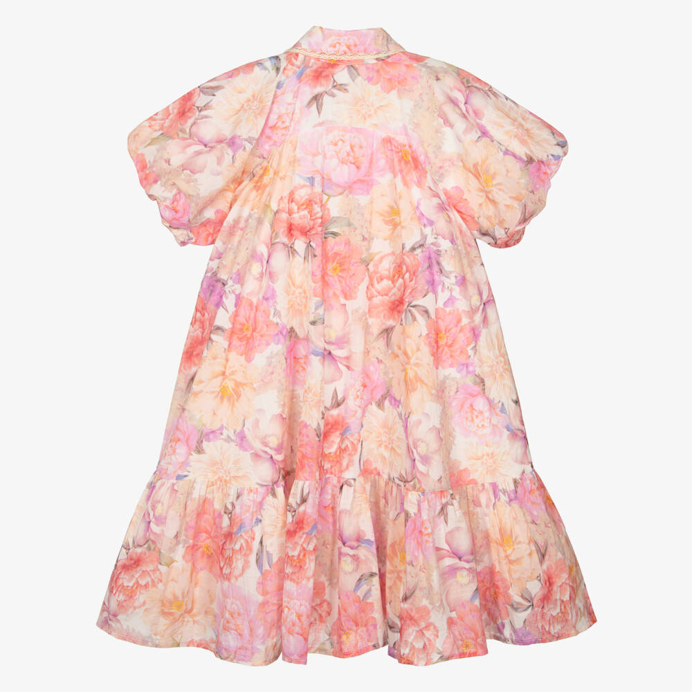 Petite Amalie-Girls Pink Cotton Floral Print Dress with Bubble Sleeves | Childrensalon