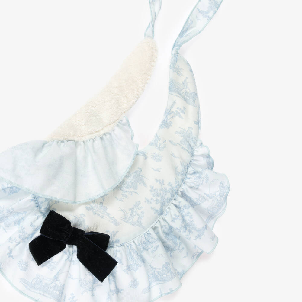 Phi Clothing-Baby Girls Blue Cotton Toile de Jouy Bib with Velvet Bow | Childrensalon