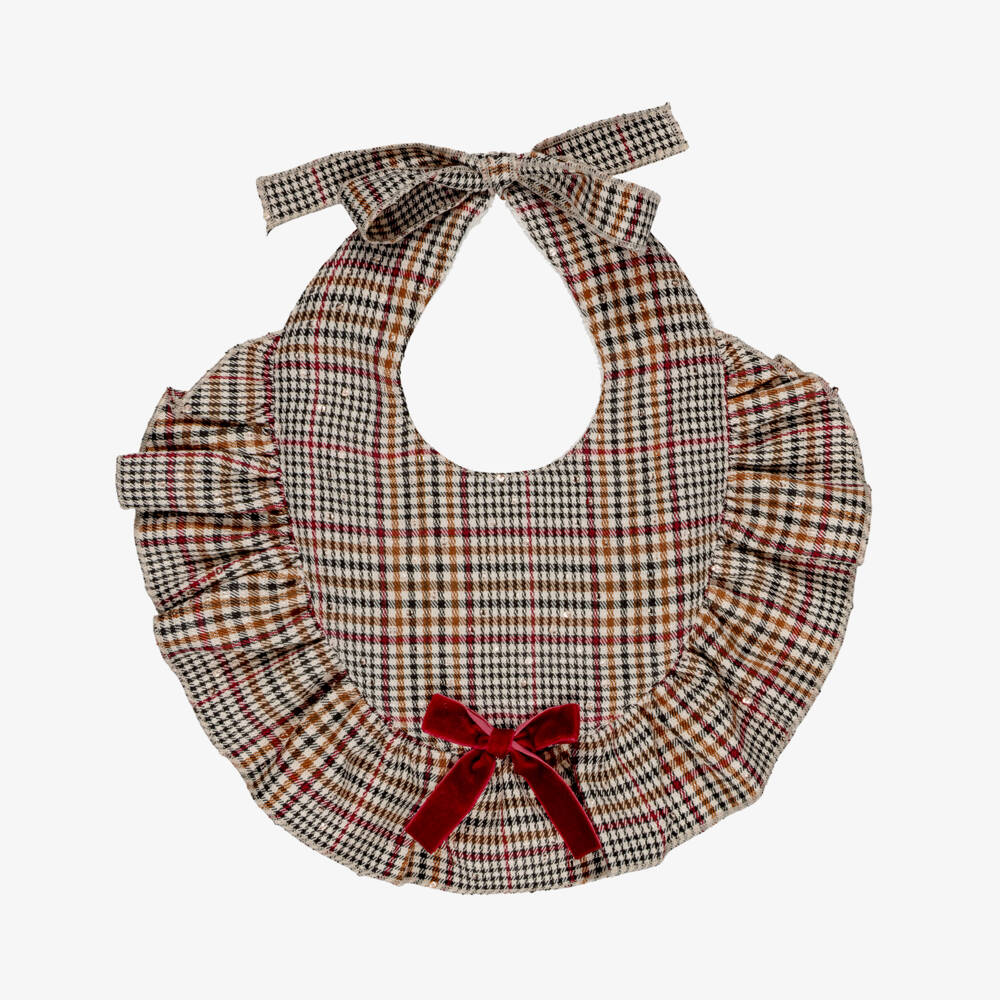 Phi Clothing-Baby Girls Brown & Burgundy Frilly Bib with Velvet Bow | Childrensalon