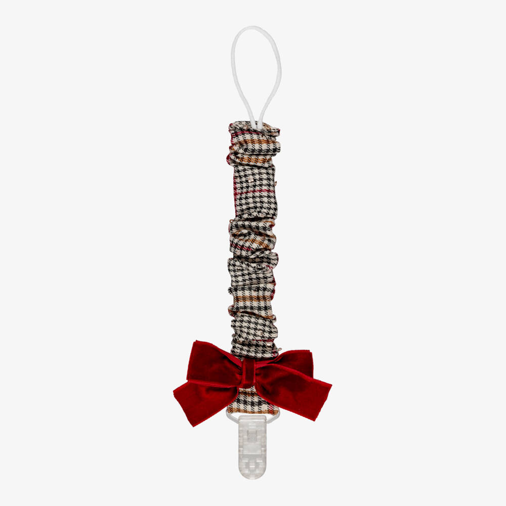 Phi Clothing-Baby Girls Brown Check Dummy Clip with Burgundy Velvet Bow | Childrensalon
