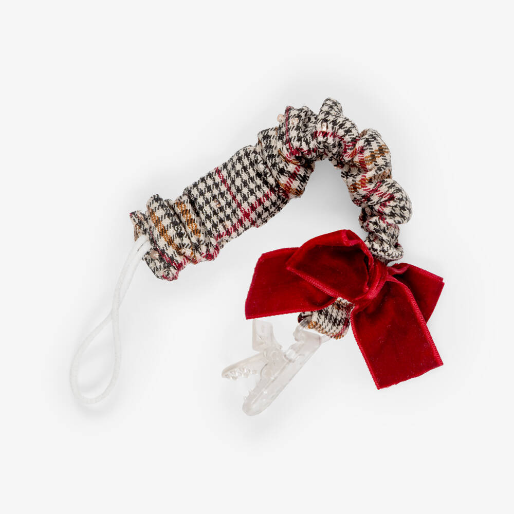 Phi Clothing-Baby Girls Brown Check Dummy Clip with Burgundy Velvet Bow | Childrensalon