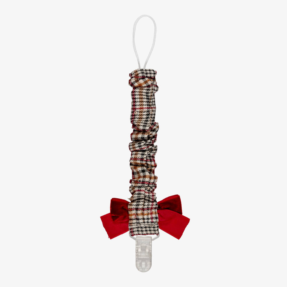 Phi Clothing-Baby Girls Brown Check Dummy Clip with Burgundy Velvet Bow | Childrensalon