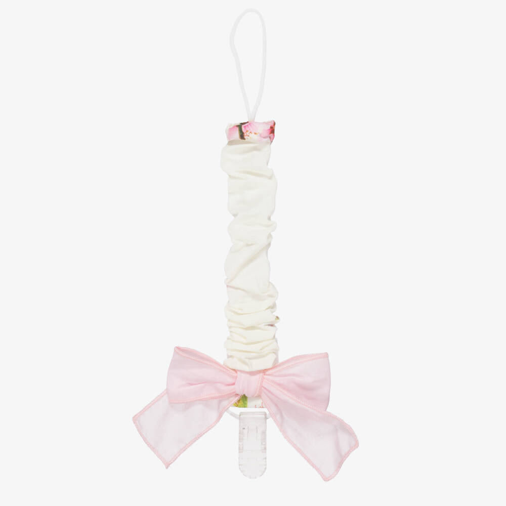 Phi Clothing-Baby Girls Ivory Blossom Print Dummy Clip with Pink Bow | Childrensalon
