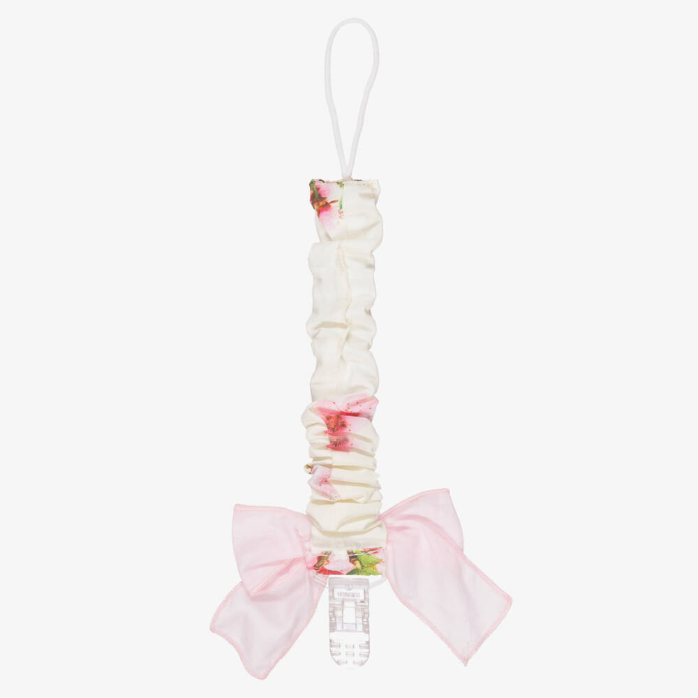 Phi Clothing-Baby Girls Ivory Blossom Print Dummy Clip with Pink Bow | Childrensalon