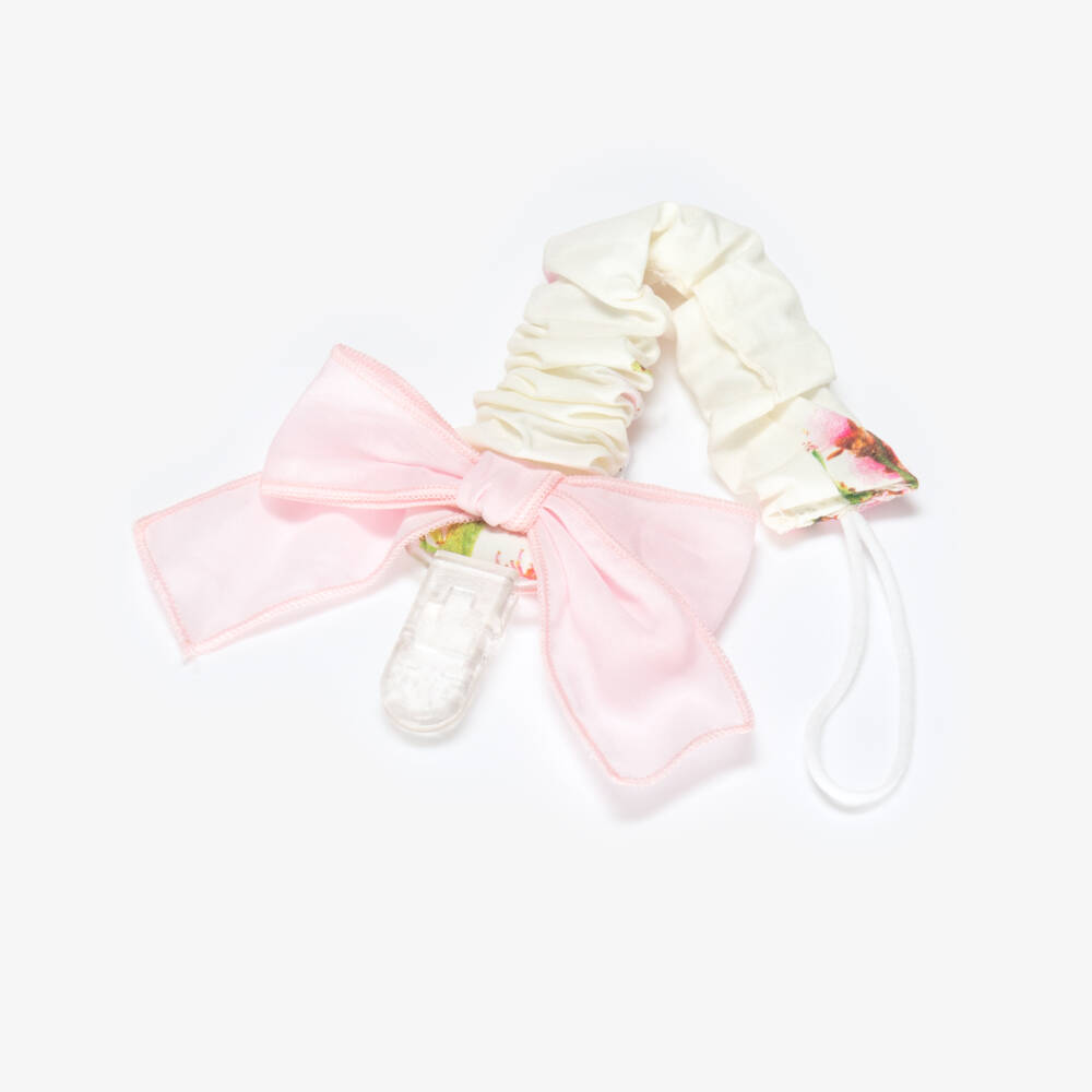 Phi Clothing-Baby Girls Ivory Blossom Print Dummy Clip with Pink Bow | Childrensalon