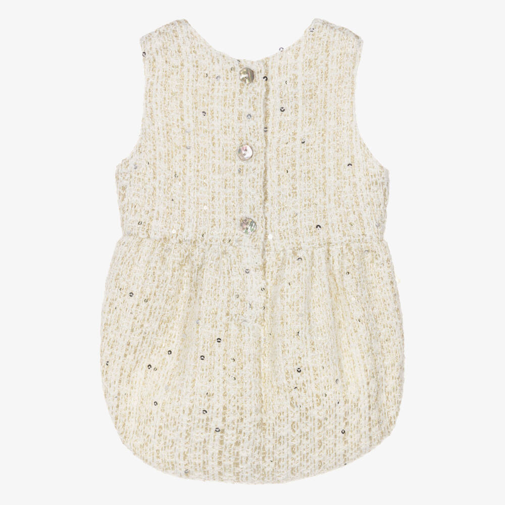 Phi Clothing-Baby Girls Ivory & Gold Tweed Shortie with Bows | Childrensalon