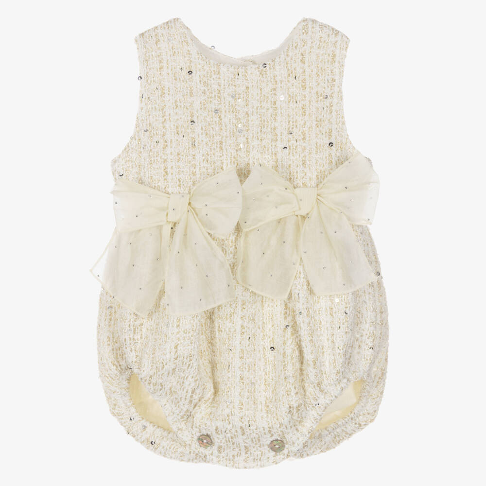 Phi Clothing-Baby Girls Ivory & Gold Tweed Shortie with Bows | Childrensalon