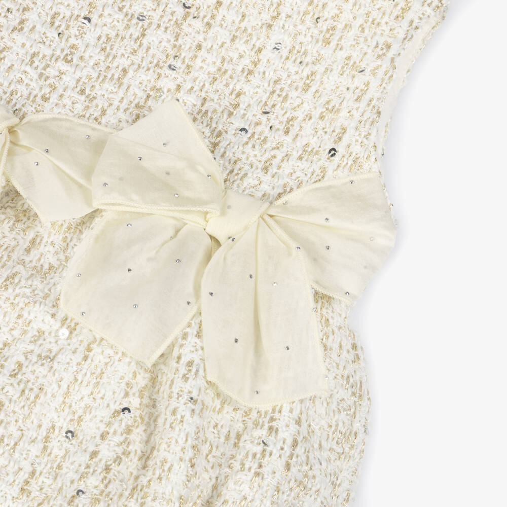 Phi Clothing-Baby Girls Ivory & Gold Tweed Shortie with Bows | Childrensalon