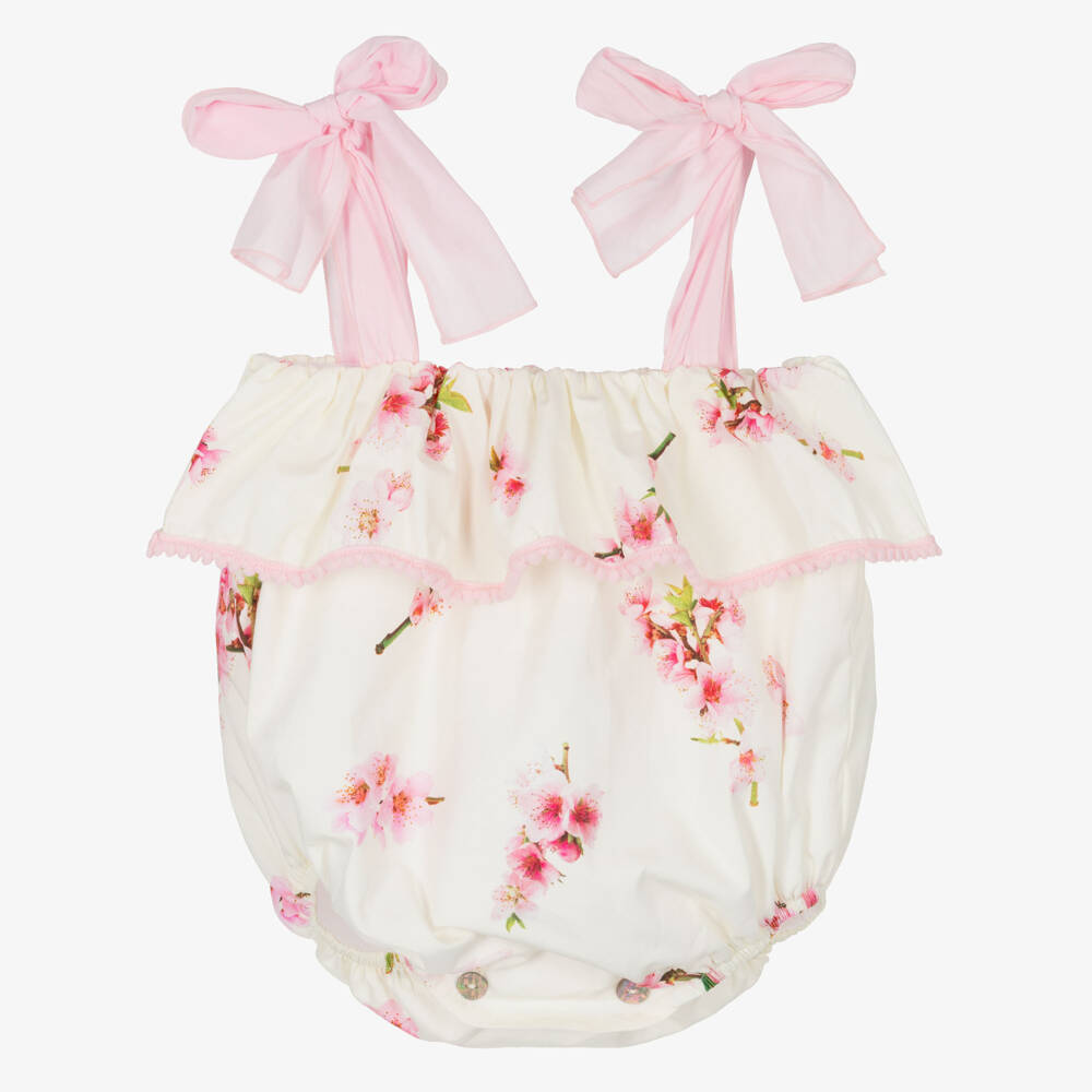 Phi Clothing-Baby Girls Ivory & Pink Floral Shortie with Bows | Childrensalon