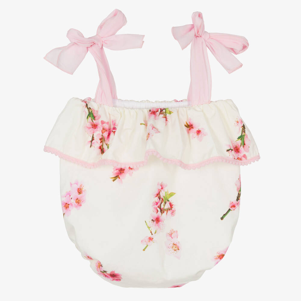 Phi Clothing-Baby Girls Ivory & Pink Floral Shortie with Bows | Childrensalon