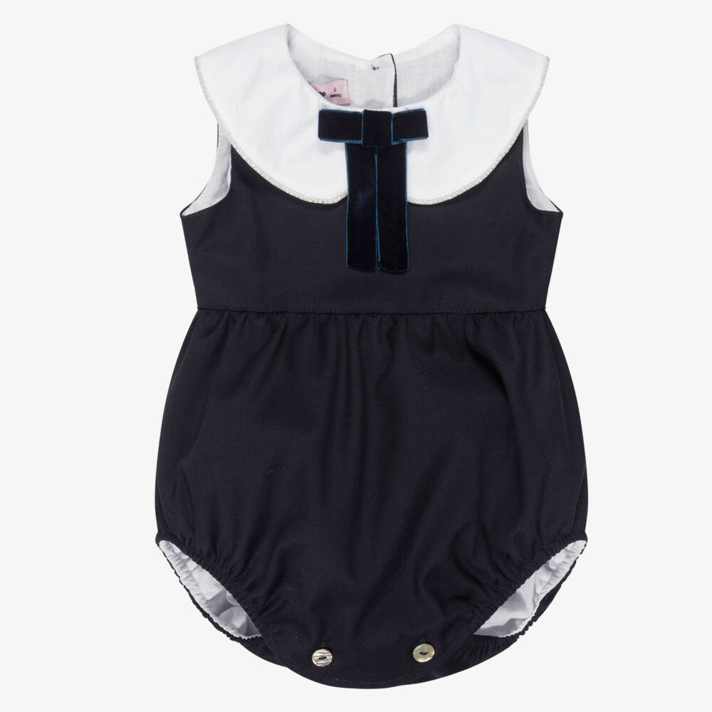 Phi Clothing-Baby Girls Navy Blue & White Shortie with Diamanté Trim | Childrensalon