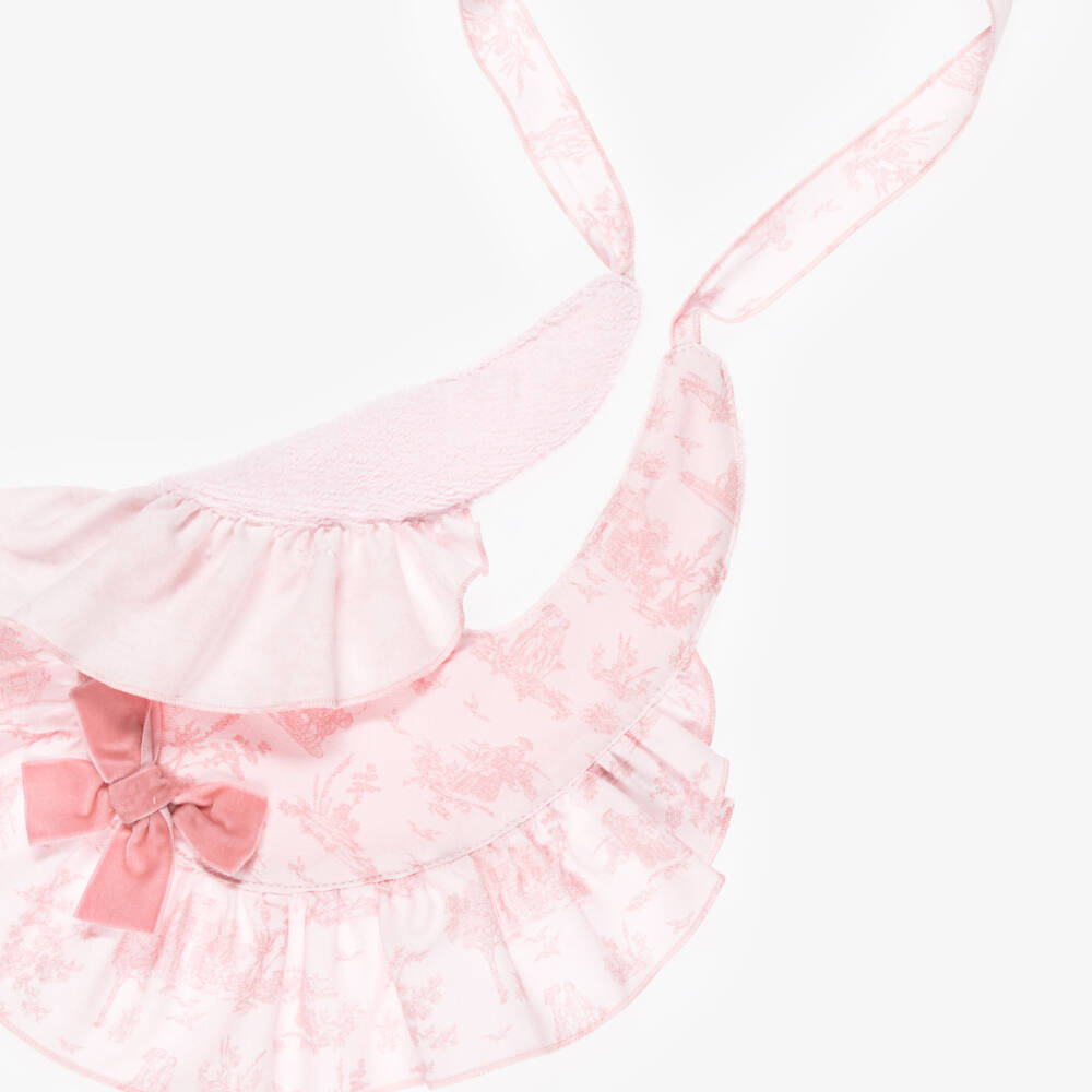 Phi Clothing-Baby Girls Pink Cotton Toile de Jouy Bib with Velvet Bow | Childrensalon