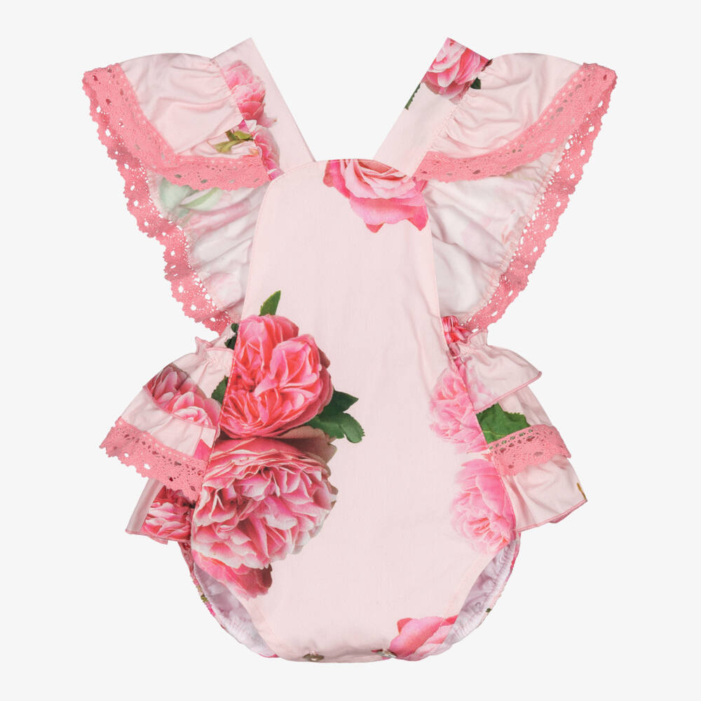 Phi Clothing-Baby Girls Pink Floral Cotton Shortie with Lace Trims | Childrensalon