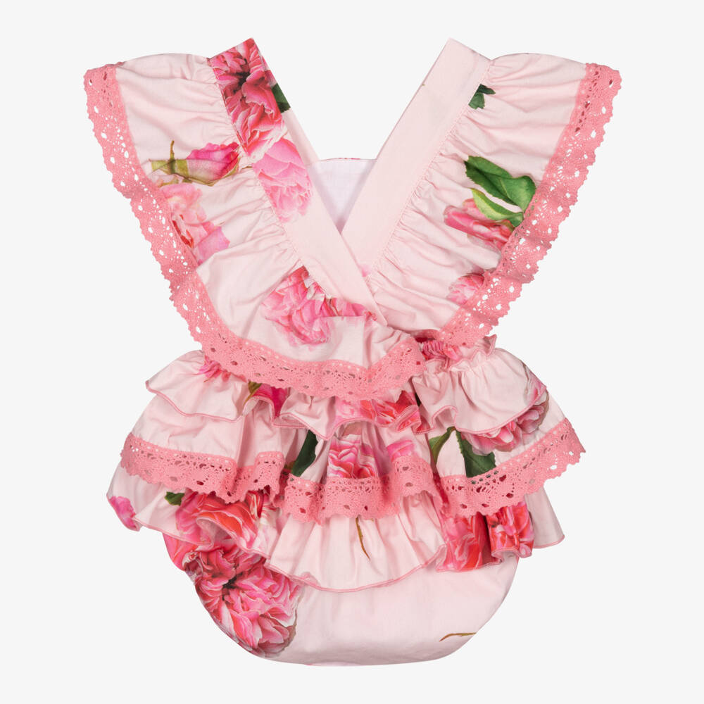 Phi Clothing-Baby Girls Pink Floral Cotton Shortie with Lace Trims | Childrensalon
