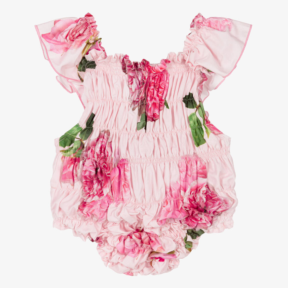 Phi Clothing-Baby Girls Pink Floral Ruched Cotton Shortie | Childrensalon