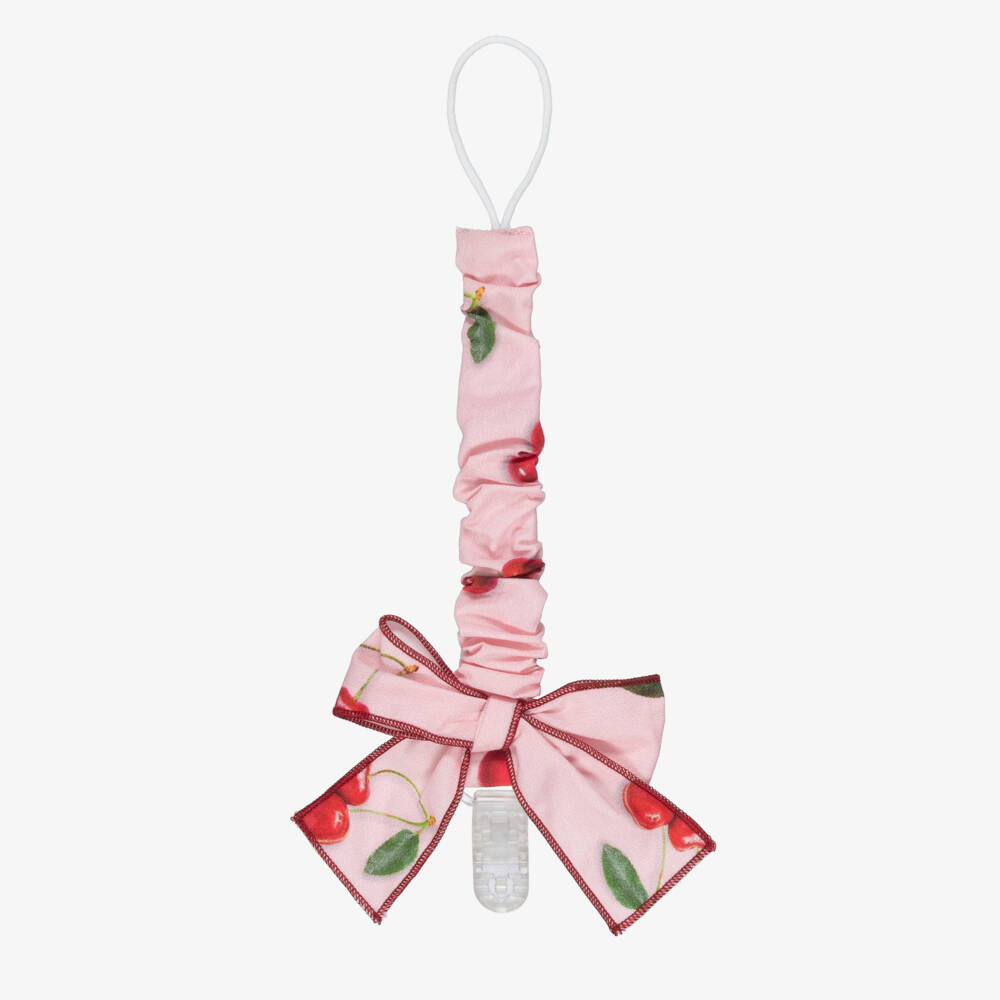 Phi Clothing-Baby Girls Pink & Red Cherry Print Dummy Clip with Bow | Childrensalon