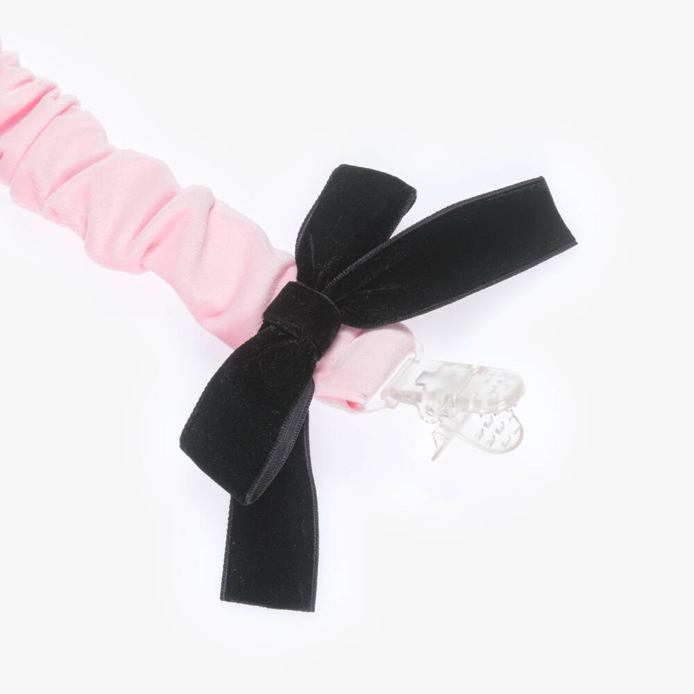 Phi Clothing-Baby Girls Pink Velvet Dummy Clip with Black Bow | Childrensalon