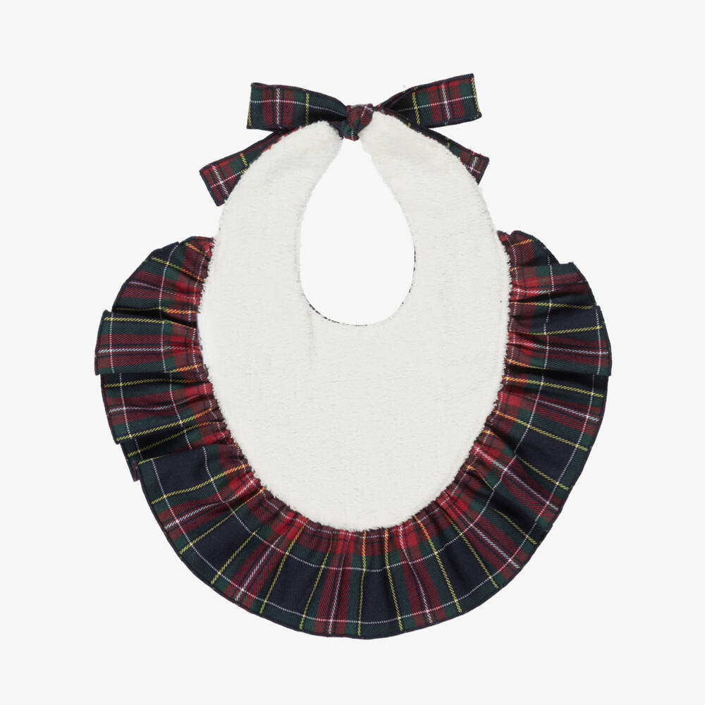 Phi Clothing-Baby Girls Red & Blue Tartan Frilly Bib with Velvet Bow | Childrensalon