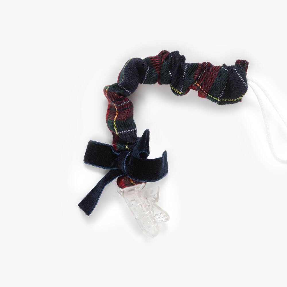 Phi Clothing-Baby Girls Red Tartan Dummy Clip with Blue Velvet Bow | Childrensalon
