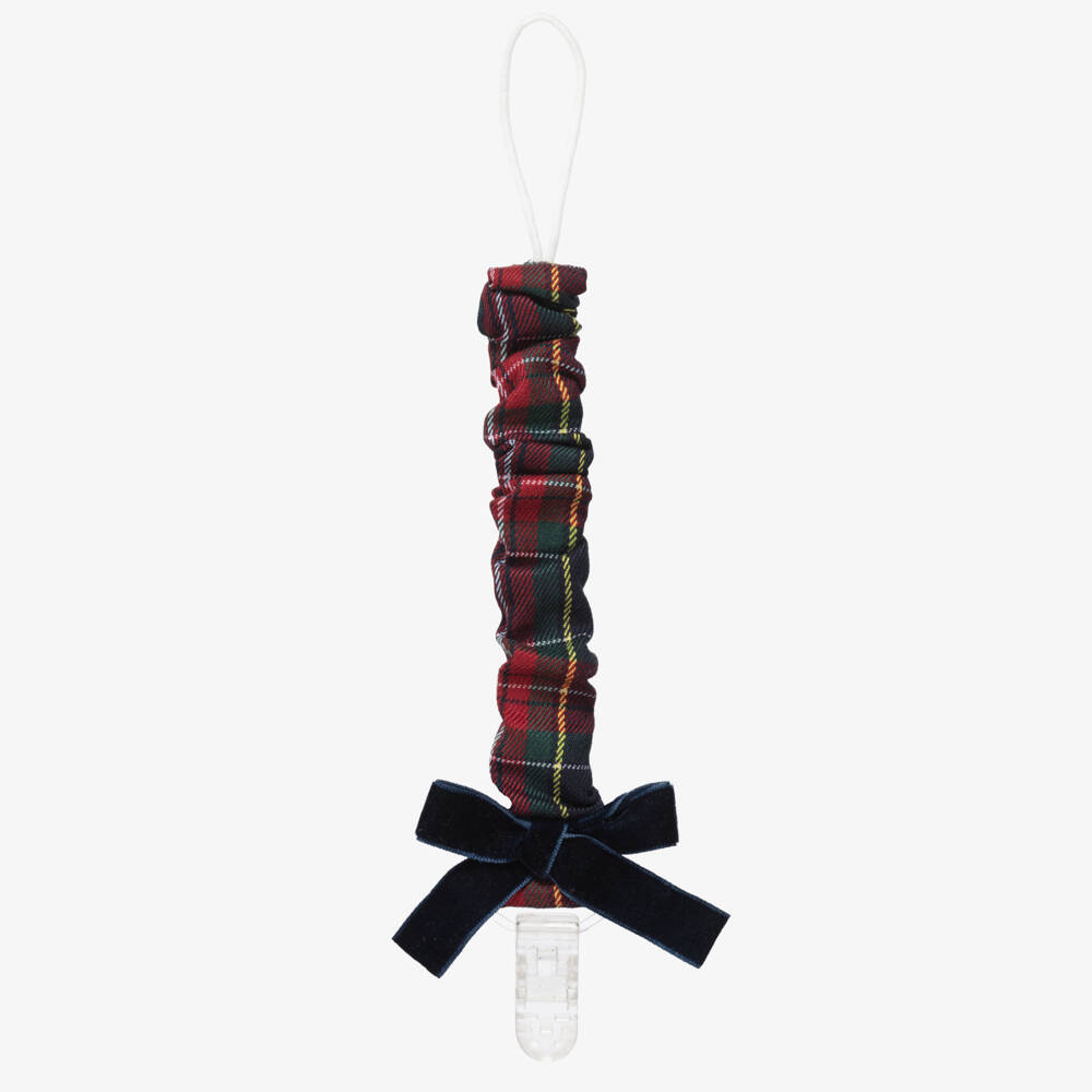 Phi Clothing-Baby Girls Red Tartan Dummy Clip with Blue Velvet Bow | Childrensalon