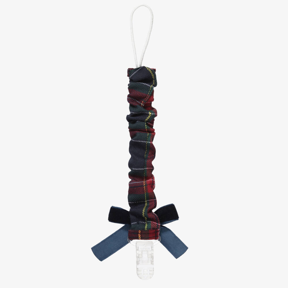 Phi Clothing-Baby Girls Red Tartan Dummy Clip with Blue Velvet Bow | Childrensalon