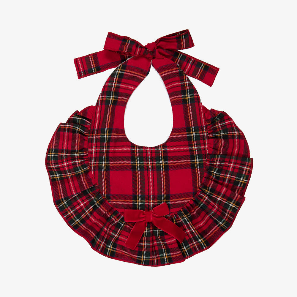 Phi Clothing-Baby Girls Red Tartan Ruffle Bib with Velvet Bow | Childrensalon