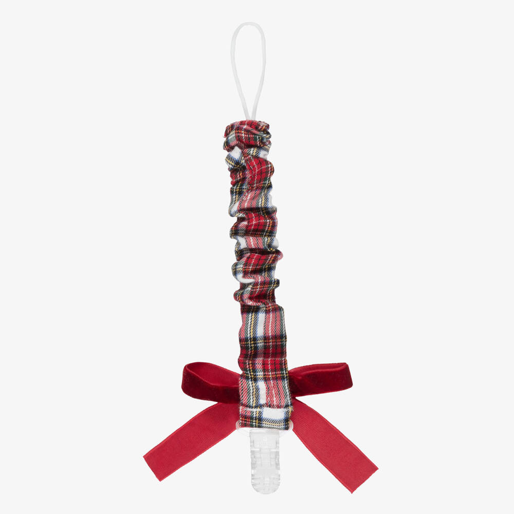 Phi Clothing-Baby Girls Red & White Tartan Dummy Clip with Red Velvet Bow | Childrensalon