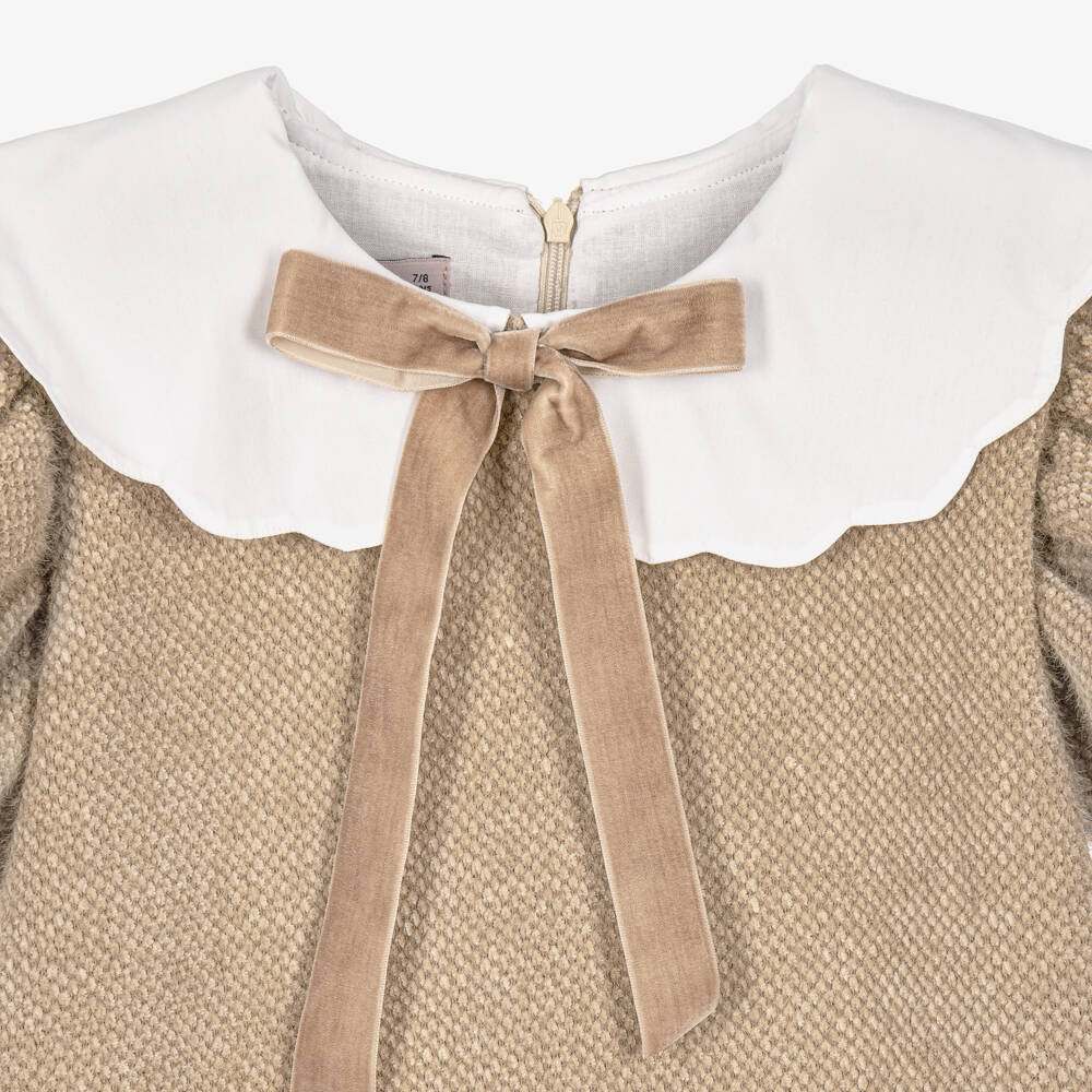 Phi Clothing-Girls Beige Fluffy Jersey Knit Dress | Childrensalon