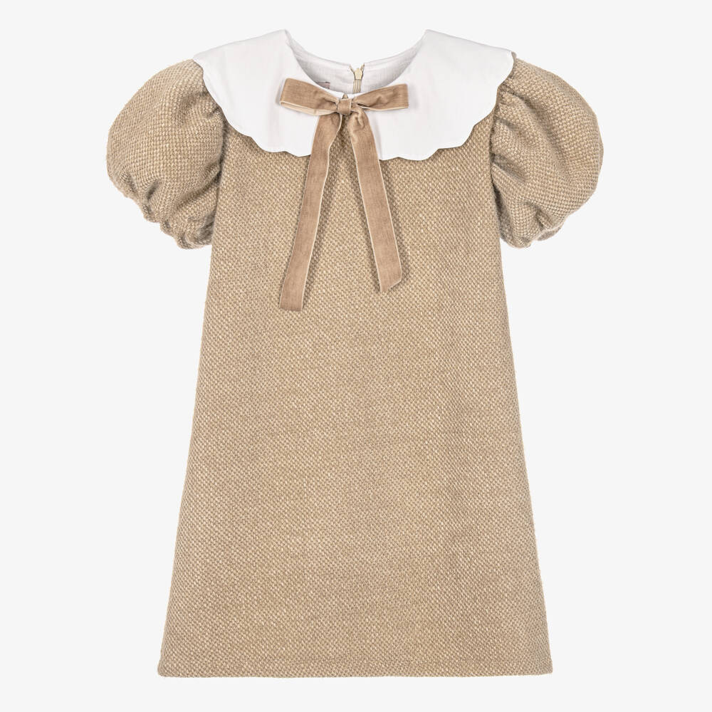 Phi Clothing-Girls Beige Fluffy Jersey Knit Dress | Childrensalon