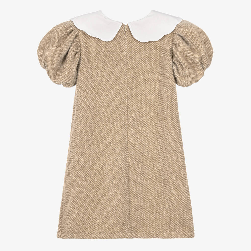 Phi Clothing-Girls Beige Fluffy Jersey Knit Dress | Childrensalon
