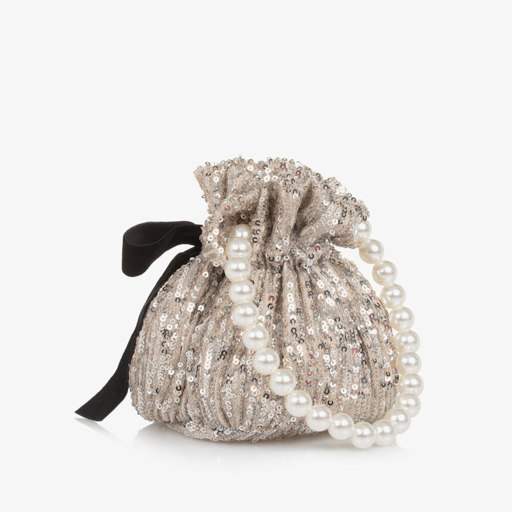 Phi Clothing-Girls Beige Sequinned Drawstring Pouch Bag (14cm) | Childrensalon