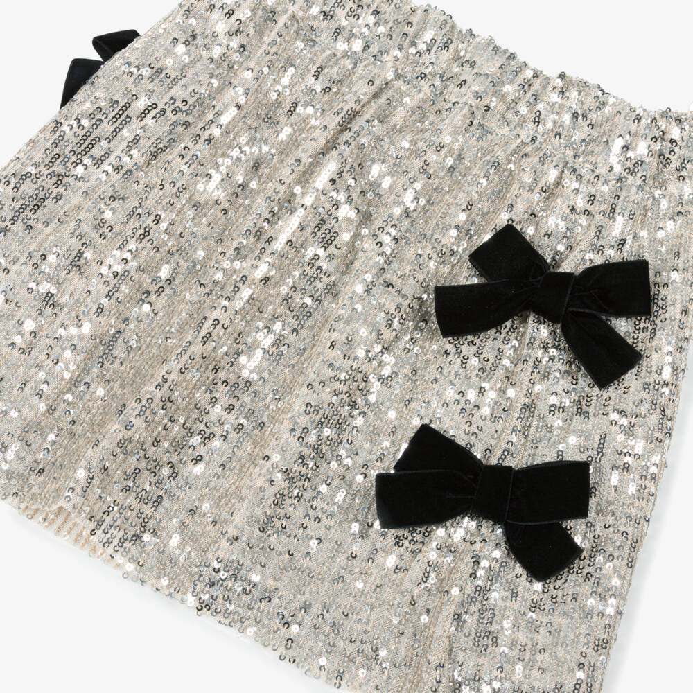Phi Clothing-Girls Beige Sequinned Skirt with Black Velvet Bows | Childrensalon