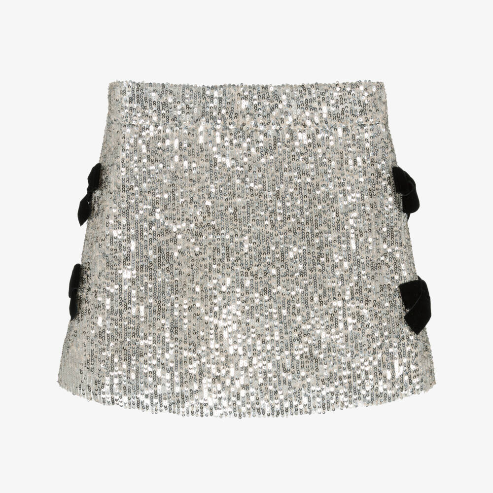 Phi Clothing-Girls Beige Sequinned Skirt with Black Velvet Bows | Childrensalon