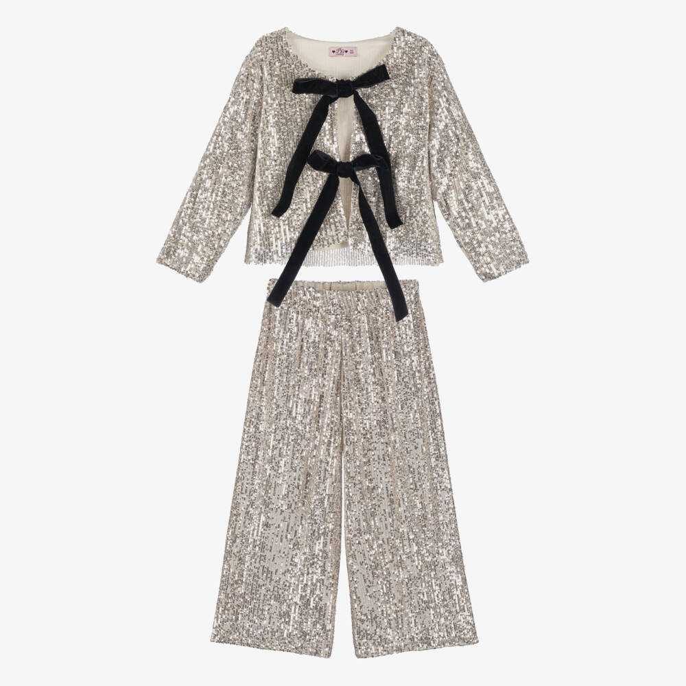 Phi Clothing-Girls Beige Sequinned Trouser Set with Black Velvet Bows | Childrensalon