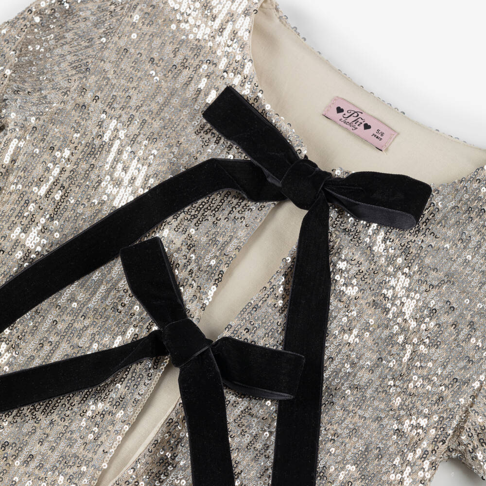 Phi Clothing-Girls Beige Sequinned Trouser Set with Black Velvet Bows | Childrensalon