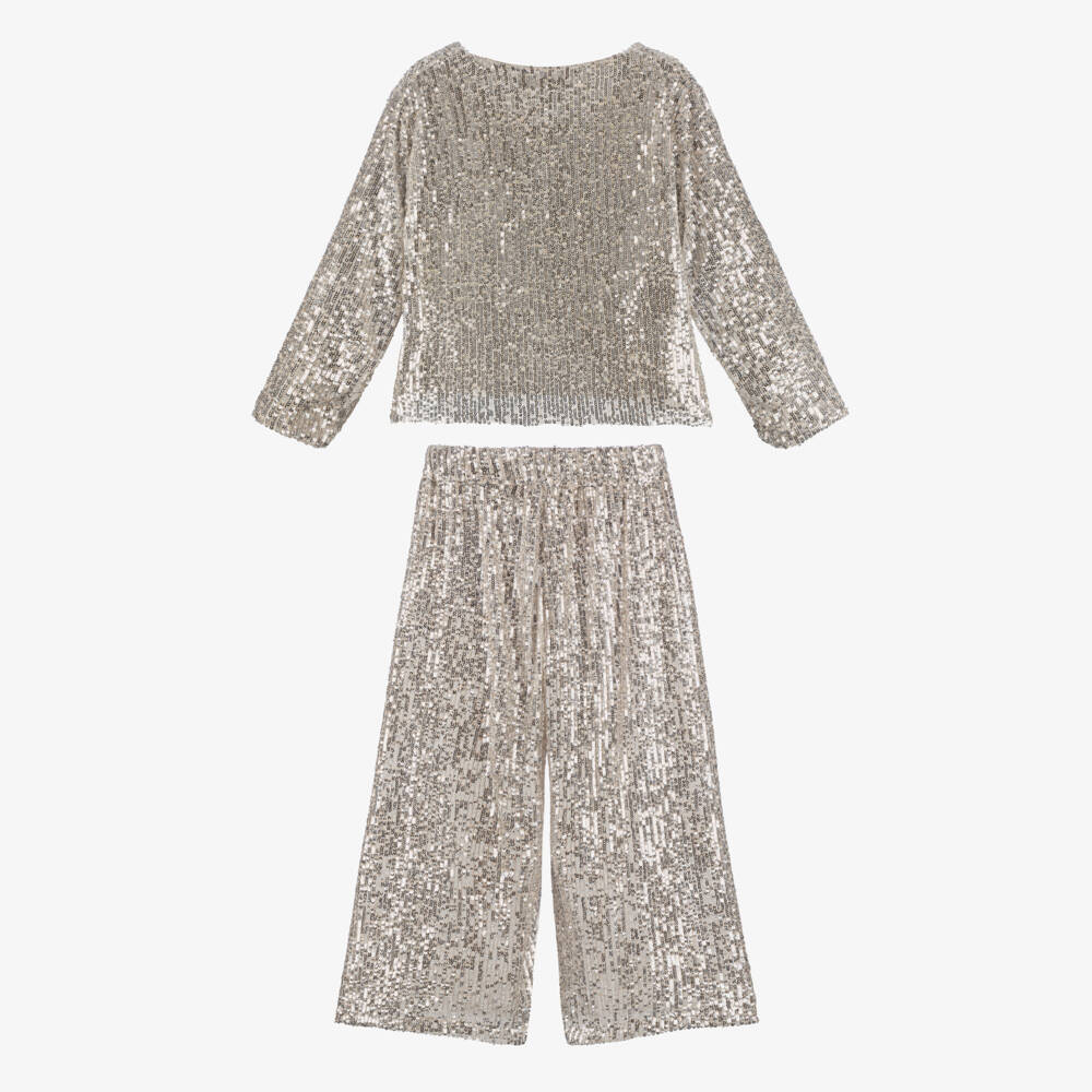 Phi Clothing-Girls Beige Sequinned Trouser Set with Black Velvet Bows | Childrensalon