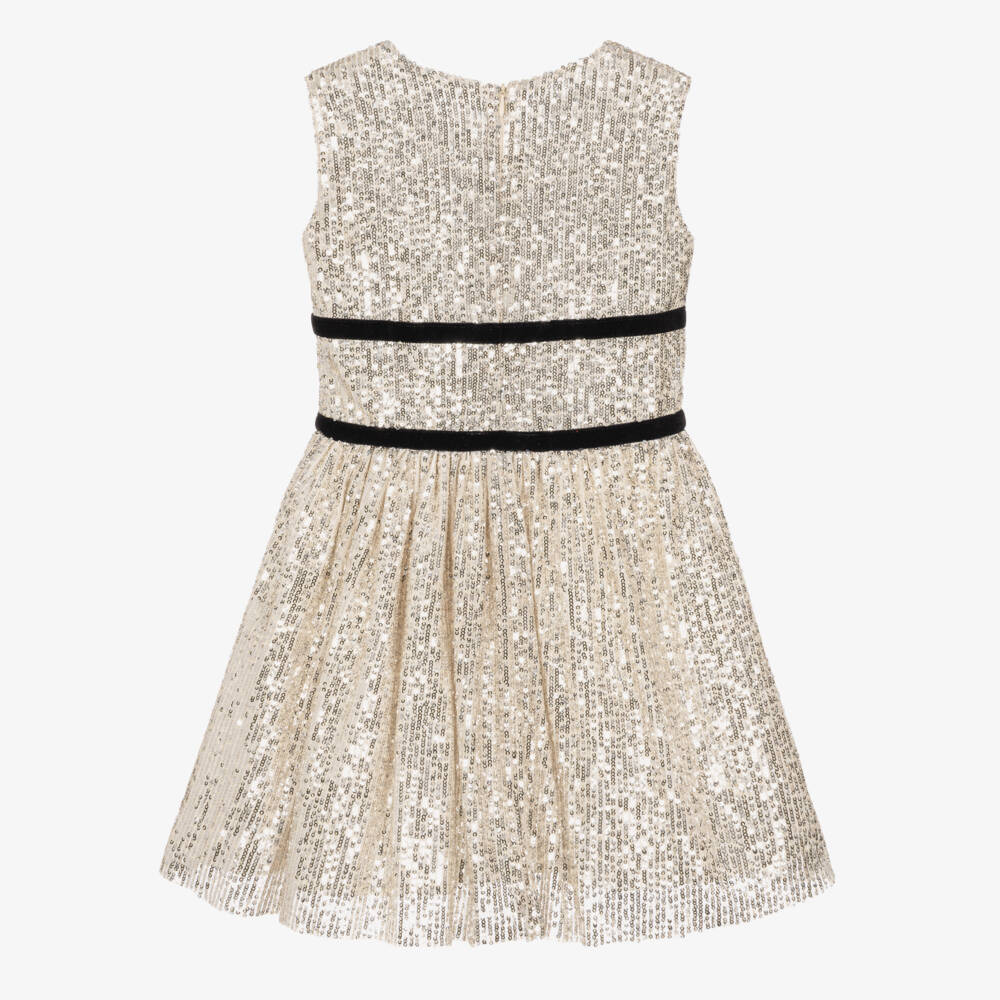 Phi Clothing-Girls Beige Tulle Dress with Silver Sequins | Childrensalon