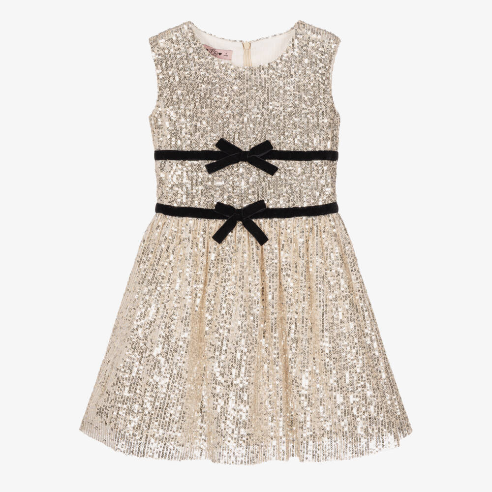 Phi Clothing-Girls Beige Tulle Dress with Silver Sequins | Childrensalon