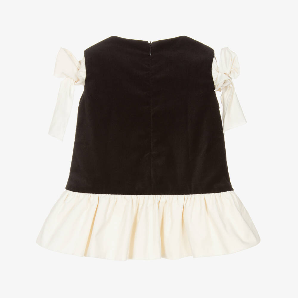 Phi Clothing-Girls Black Velvet Dress with Ivory Bows | Childrensalon