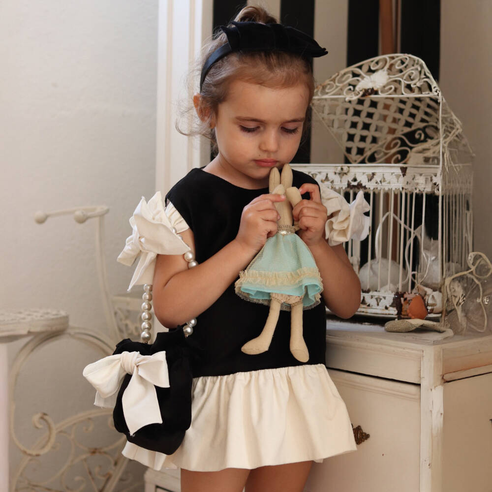 Phi Clothing-Girls Black Velvet Dress with Ivory Bows | Childrensalon