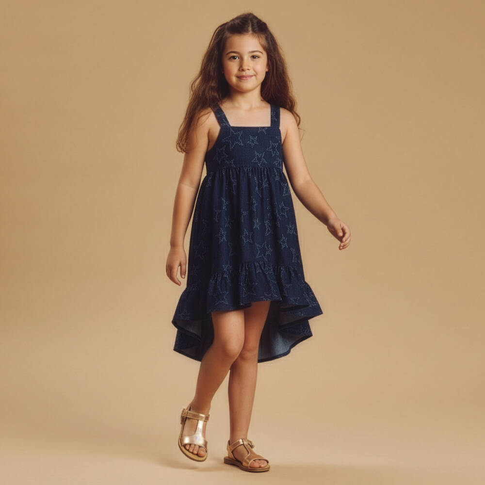 Phi Clothing-Girls Blue Denim Dress with Jacquard Stars | Childrensalon