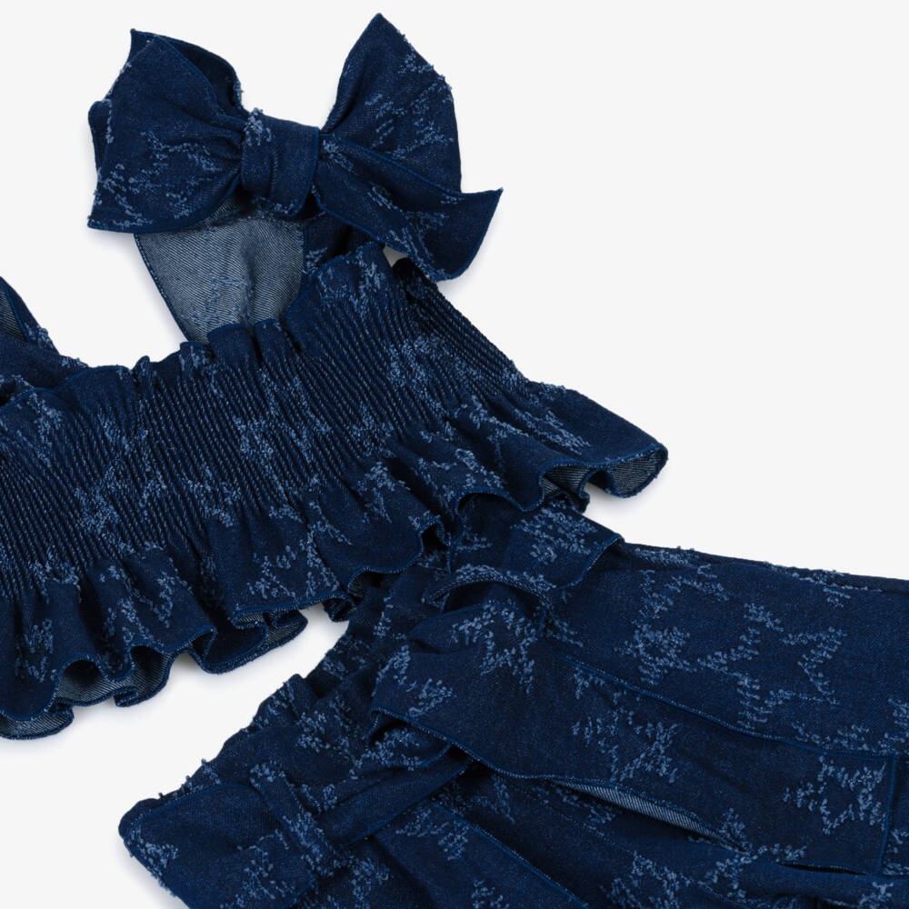 Phi Clothing-Комплект с шортами синий из денима с жаккардовыми звездами для девочек | Childrensalon