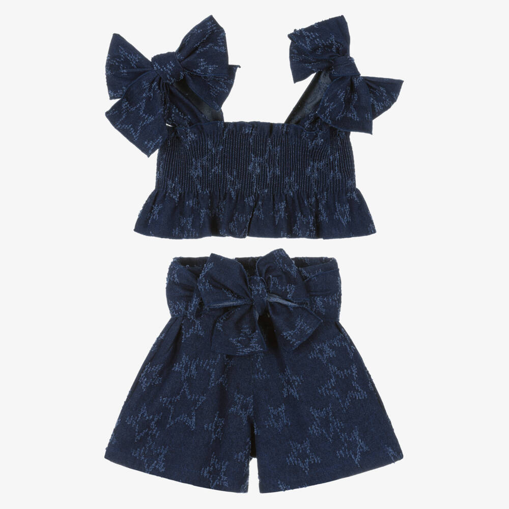 Phi Clothing-Комплект с шортами синий из денима с жаккардовыми звездами для девочек | Childrensalon
