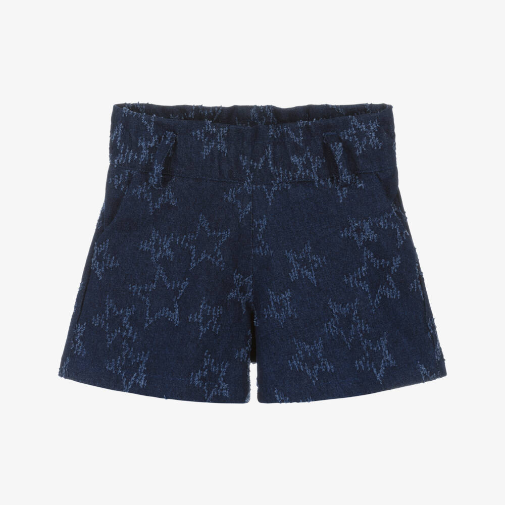 Phi Clothing-Комплект с шортами синий из денима с жаккардовыми звездами для девочек | Childrensalon